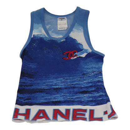CHANEL Surfline Tank Top Cotton Blue CC FF2625