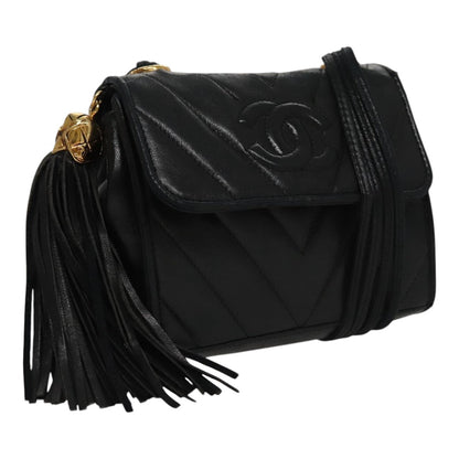 CHANEL Shoulder Bag Lamb Skin Black Gold CC FF3402