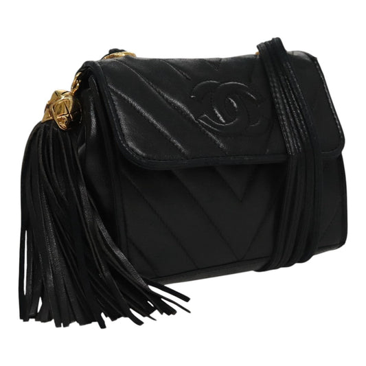 CHANEL Shoulder Bag Lamb Skin Black Gold CC FF3402