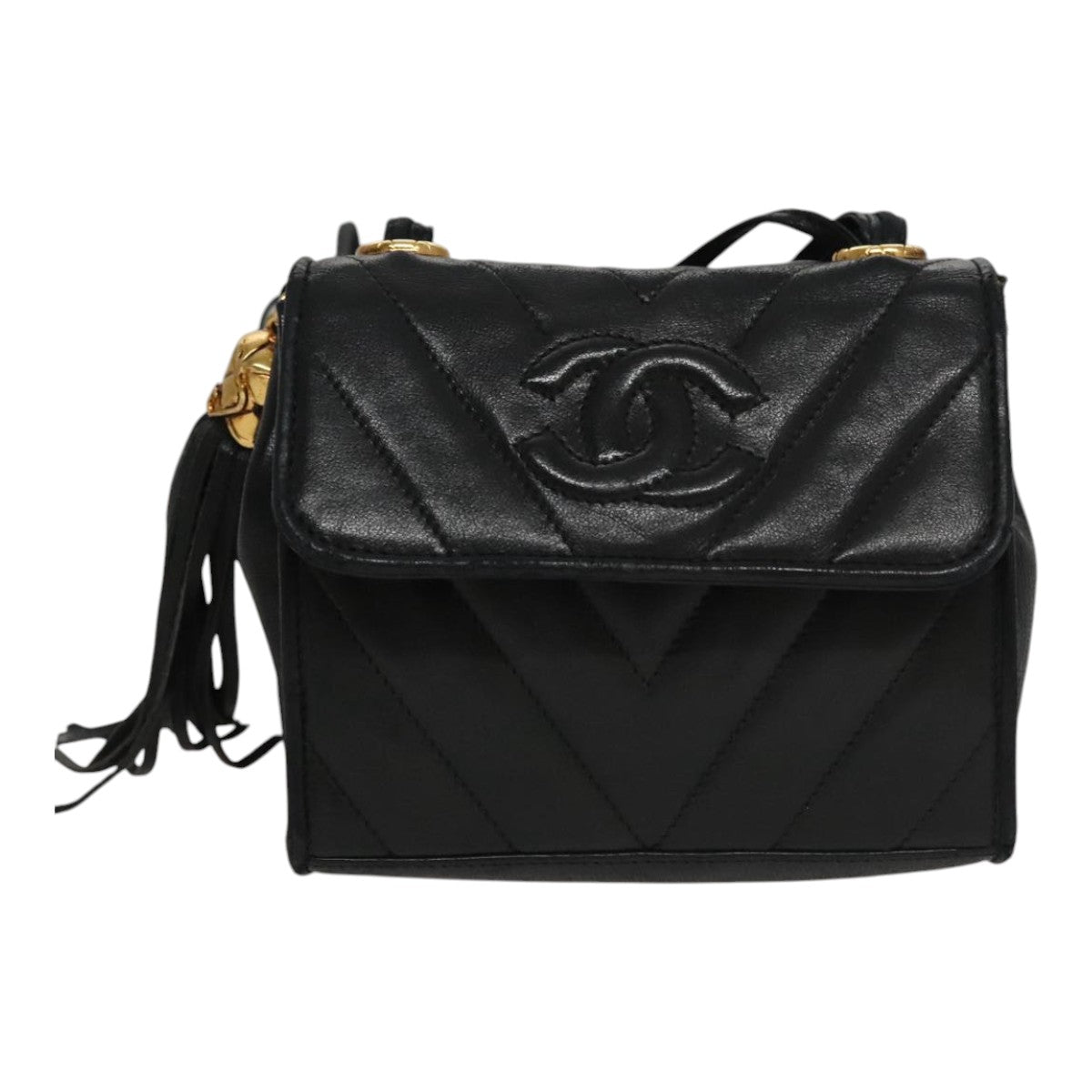 CHANEL Shoulder Bag Lamb Skin Black Gold CC FF3402