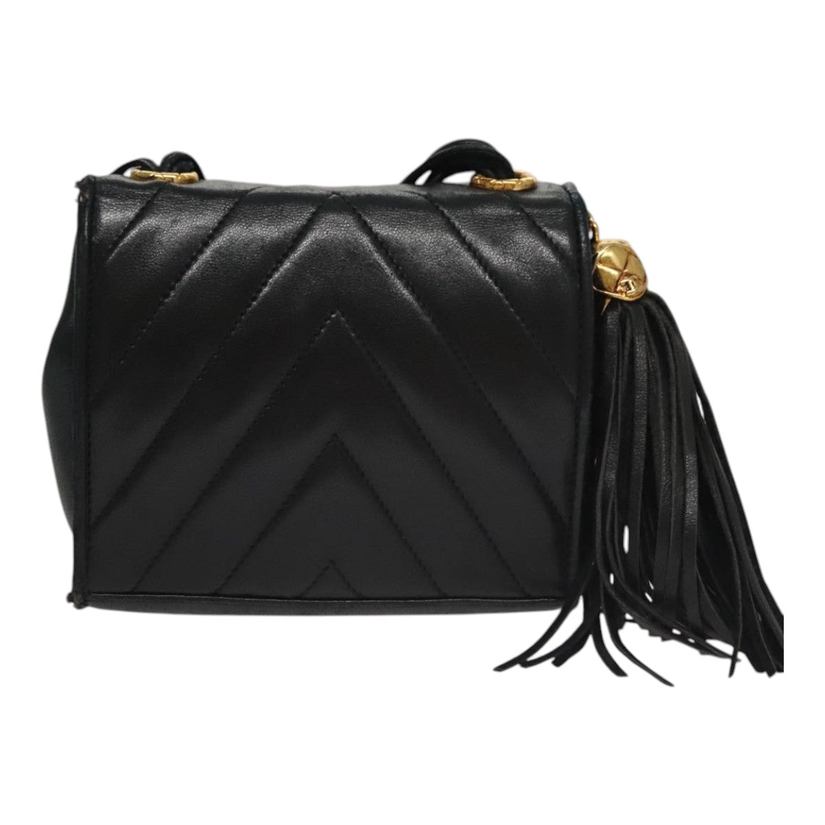 CHANEL Shoulder Bag Lamb Skin Black Gold CC FF3402