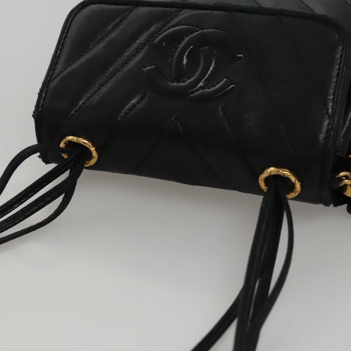 CHANEL Shoulder Bag Lamb Skin Black Gold CC FF3402