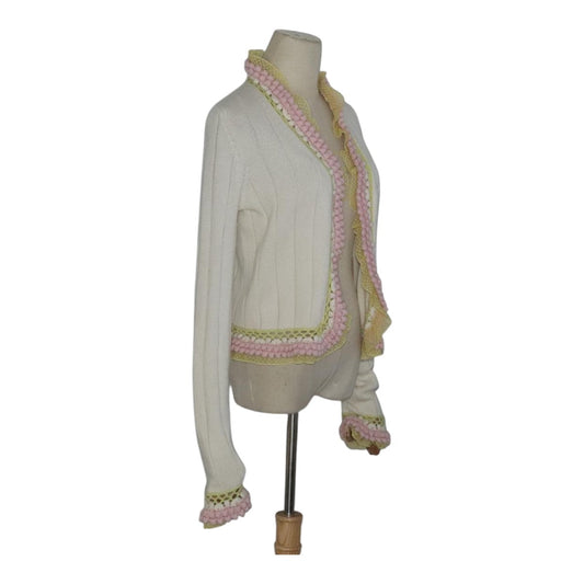 CHANEL Cardigan Wool White Pink yellow CC FF4876