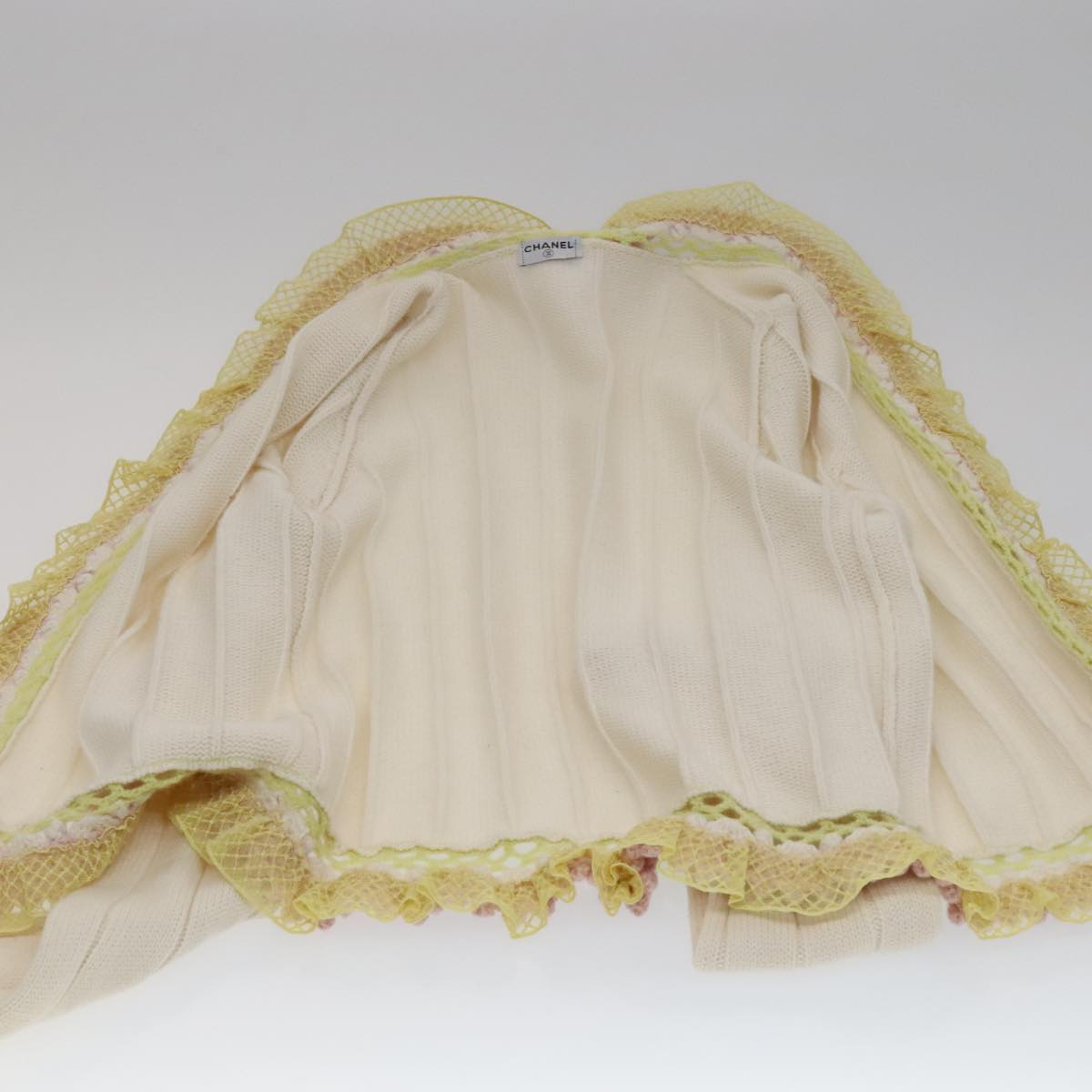CHANEL Cardigan Wool White Pink yellow CC FF4876