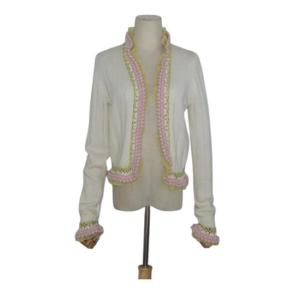 CHANEL Cardigan Wool White Pink yellow CC FF4876