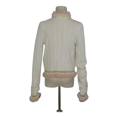 CHANEL Cardigan Wool White Pink yellow CC FF4876
