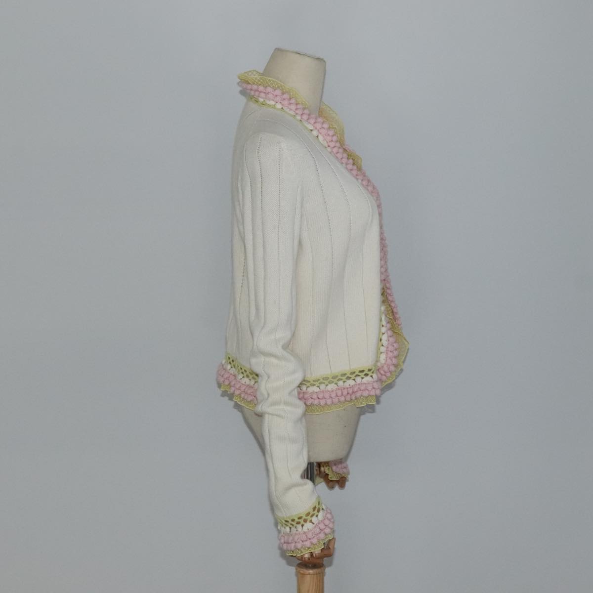 CHANEL Cardigan Wool White Pink yellow CC FF4876