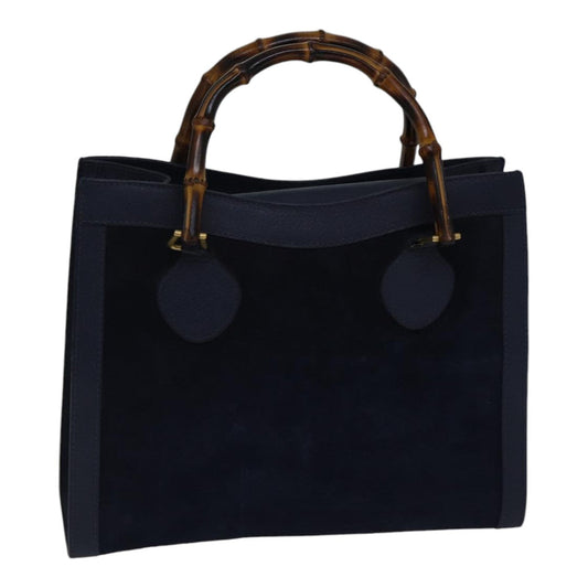 GUCCI Bamboo Hand Bag Suede Leather Navy Gold 002 123 0260  fm3756