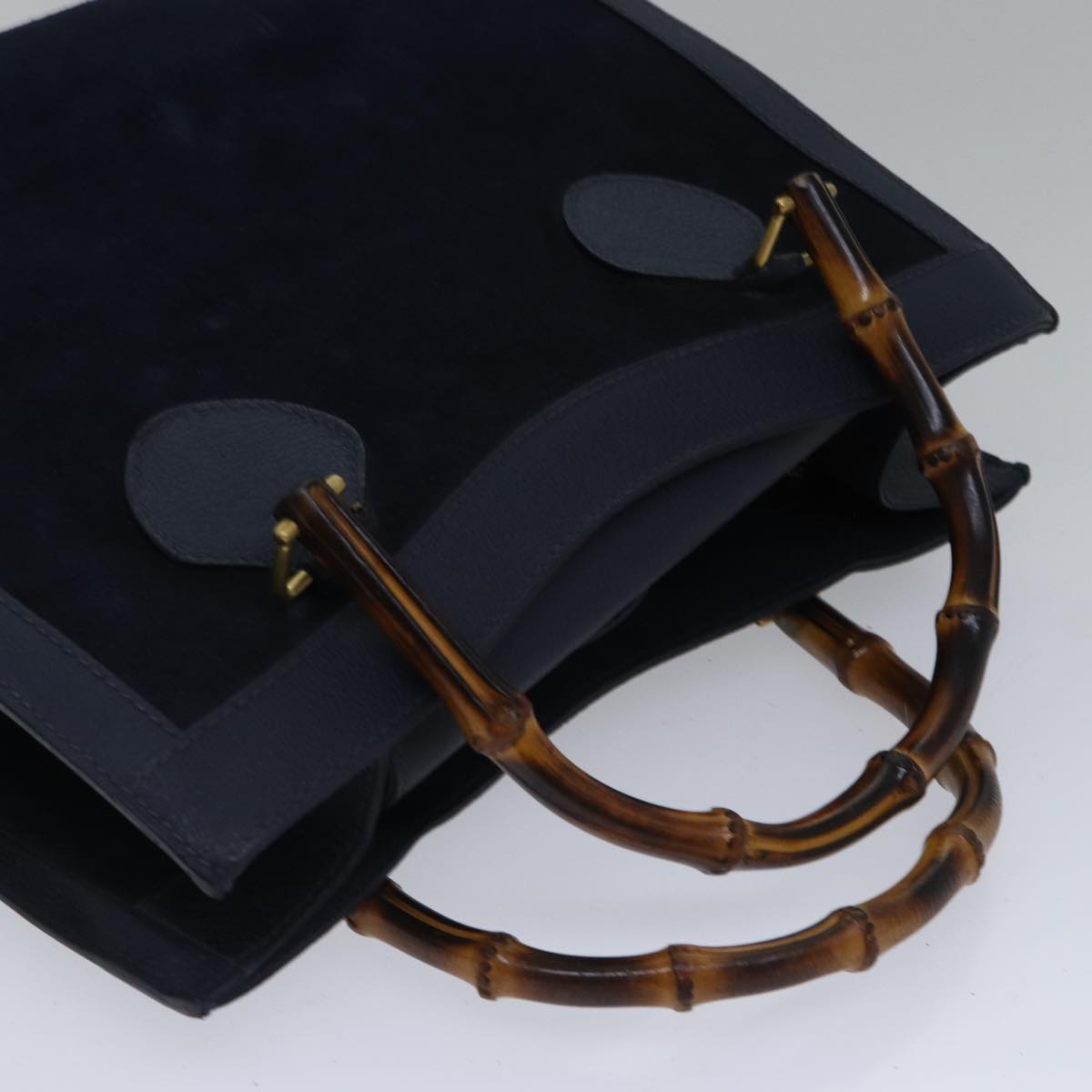 GUCCI Bamboo Hand Bag Suede Leather Navy Gold 002 123 0260  fm3756