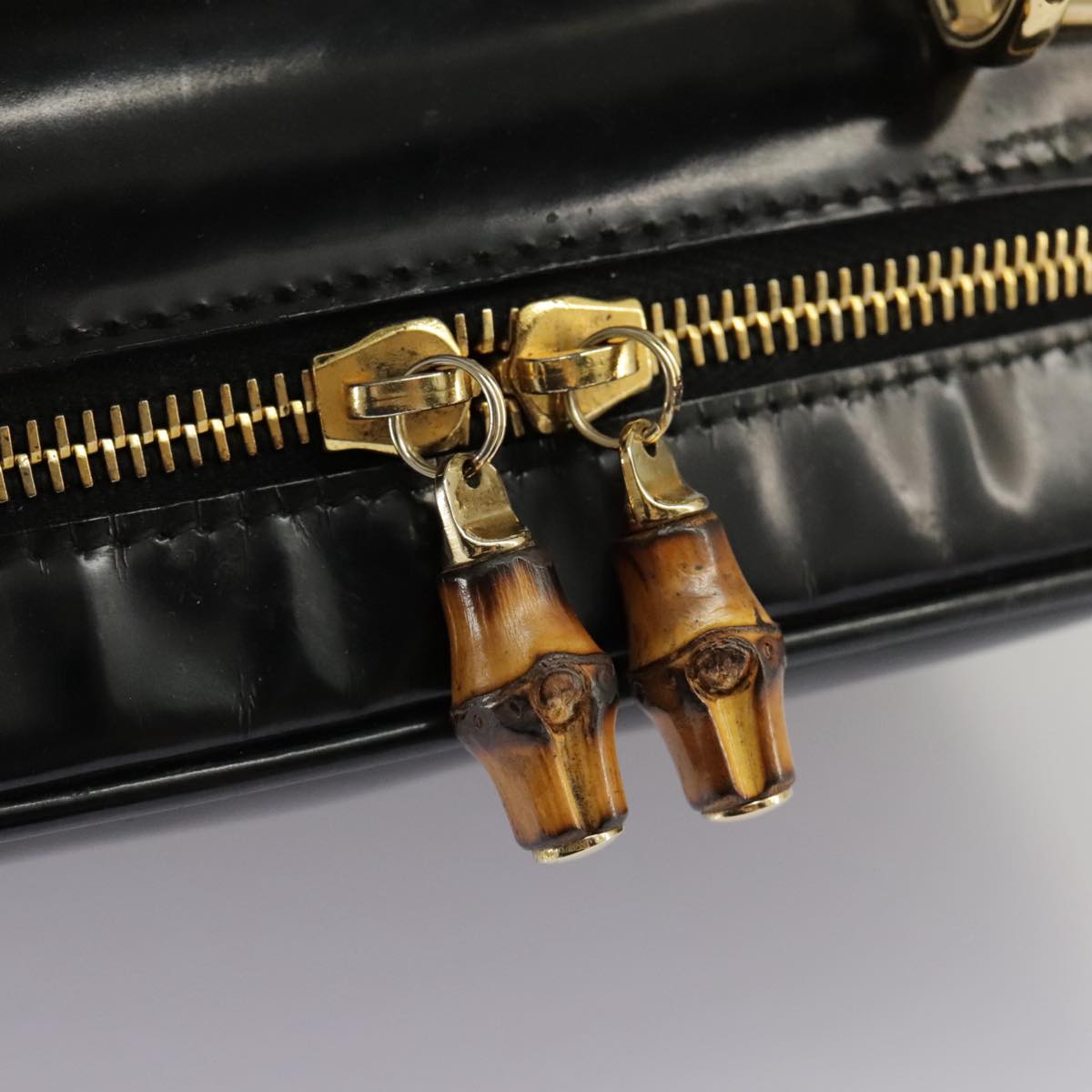 GUCCI Bamboo Hand Bag Patent leather 2way Black Gold 000 270 0323  fm4078