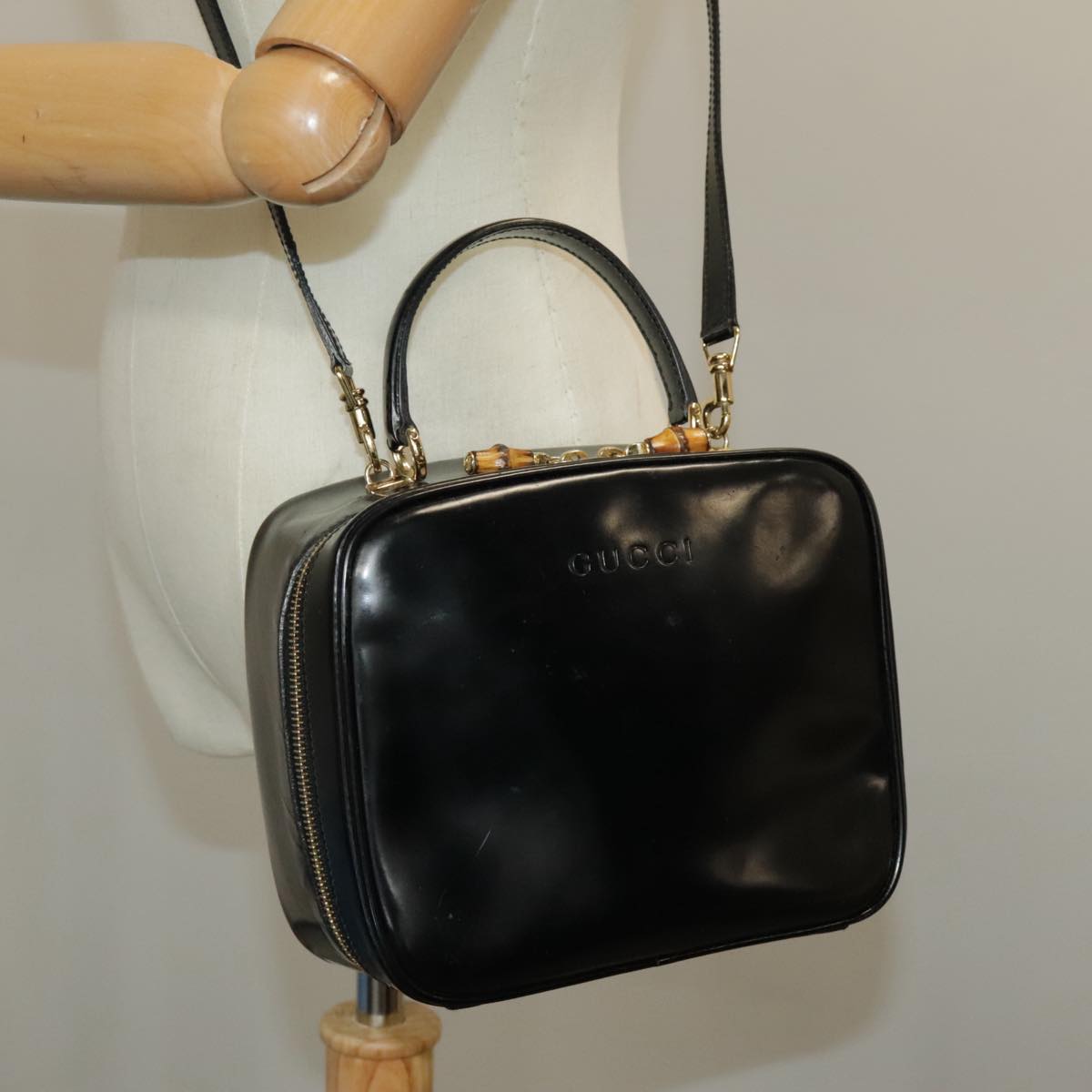 GUCCI Bamboo Hand Bag Patent leather 2way Black Gold 000 270 0323  fm4078