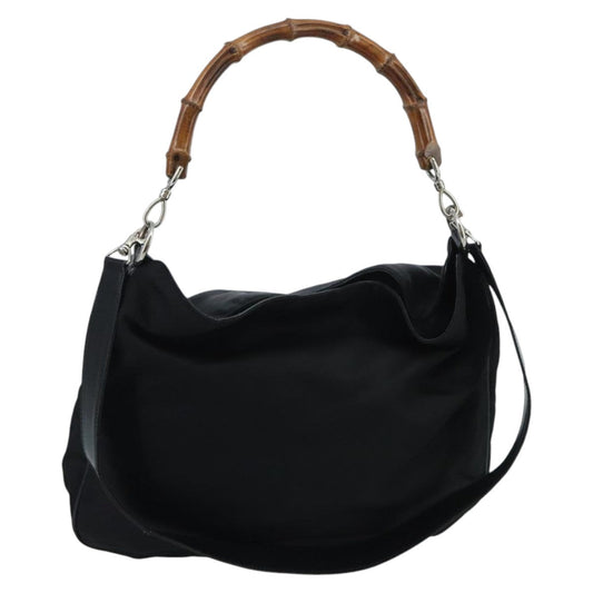 GUCCI Bamboo Hand Bag Nylon 2way Black Silver 001 2404 1577  fm4088