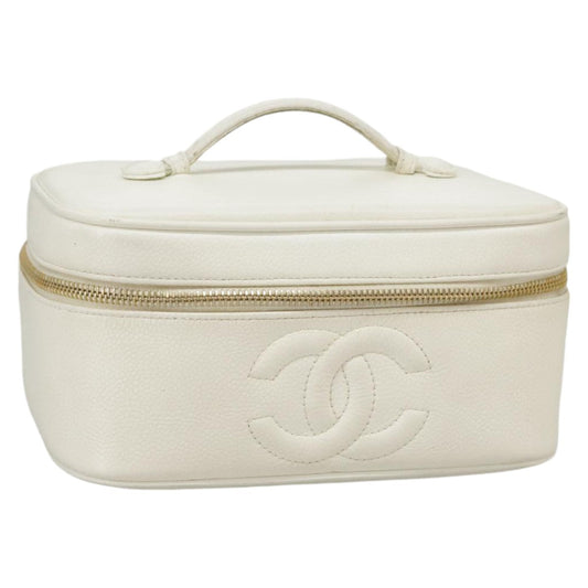 CHANEL COCO Mark vanity Pouch Caviar Skin White Gold CC fm4164