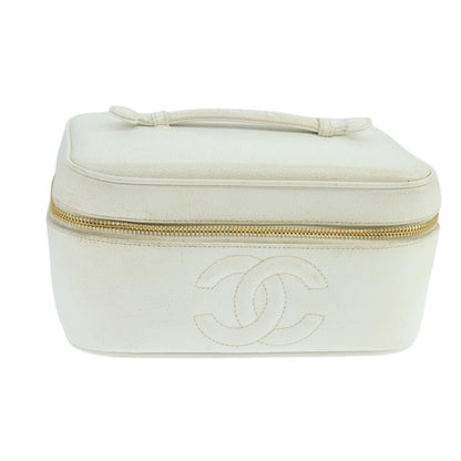 CHANEL Vanity Pouch Caviar Skin White Gold CC fm4190