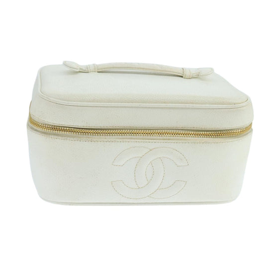 CHANEL Vanity Pouch Caviar Skin White Gold CC fm4190
