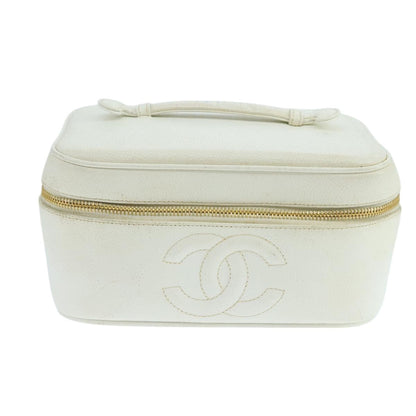 CHANEL Vanity Pouch Caviar Skin White Gold CC fm4190