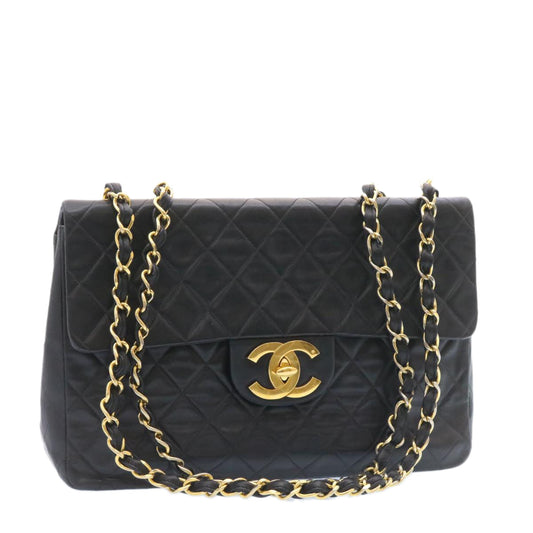 CHANEL Big Matelasse Flap Chain Shoulder Bag Lamb Skin Black Gold am1276gA