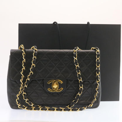 CHANEL Big Matelasse Flap Chain Shoulder Bag Lamb Skin Black Gold am1276gA