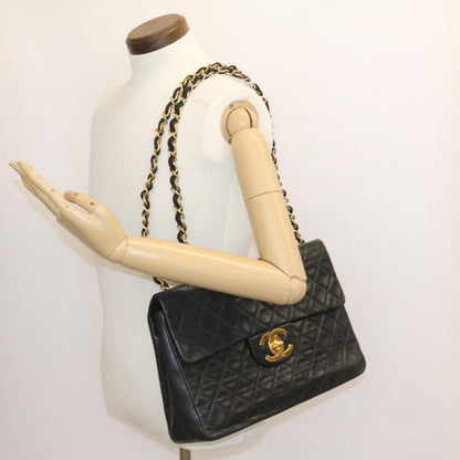 CHANEL Big Matelasse Flap Chain Shoulder Bag Lamb Skin Black Gold am1276gA