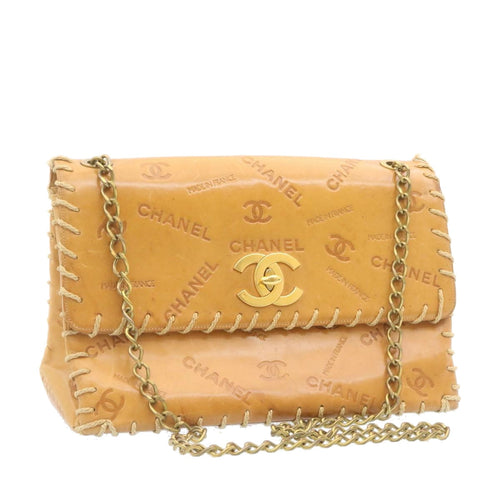 CHANEL Raffia Chain Flap Shoulder Bag Leather Beige CC am1414gA