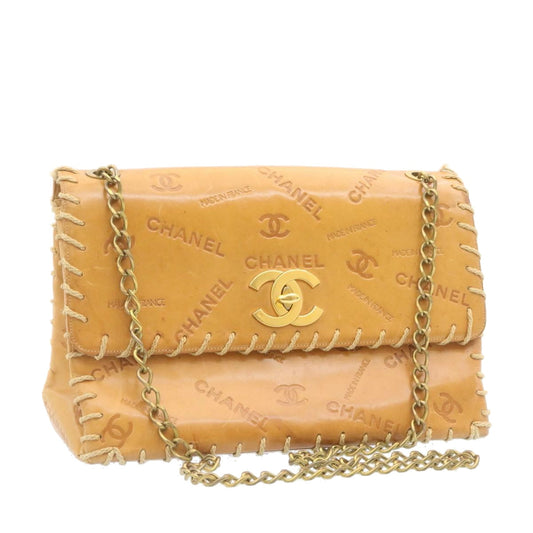 CHANEL Raffia Chain Flap Shoulder Bag Leather Beige CC am1414gA