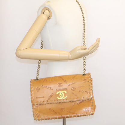 CHANEL Raffia Chain Flap Shoulder Bag Leather Beige CC am1414gA