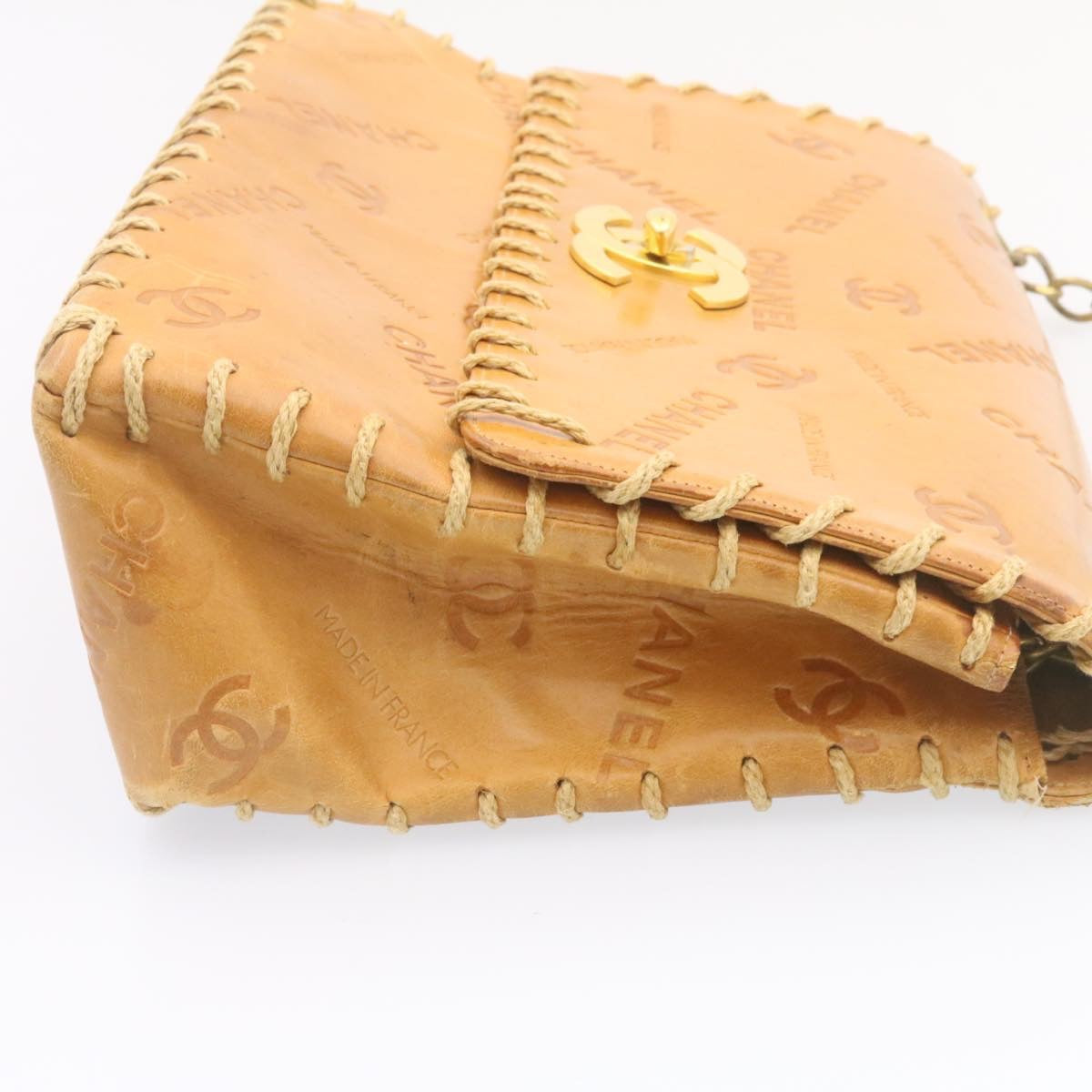 CHANEL Raffia Chain Flap Shoulder Bag Leather Beige CC am1414gA