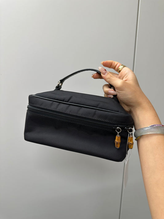 GUCCI 0321956 CanvasLeather Black Bamboo Vanity Pouch B1001SGRVS