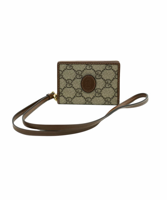 Gucci Brown Calfskin GG Supreme Card Case on Strap ABC0940