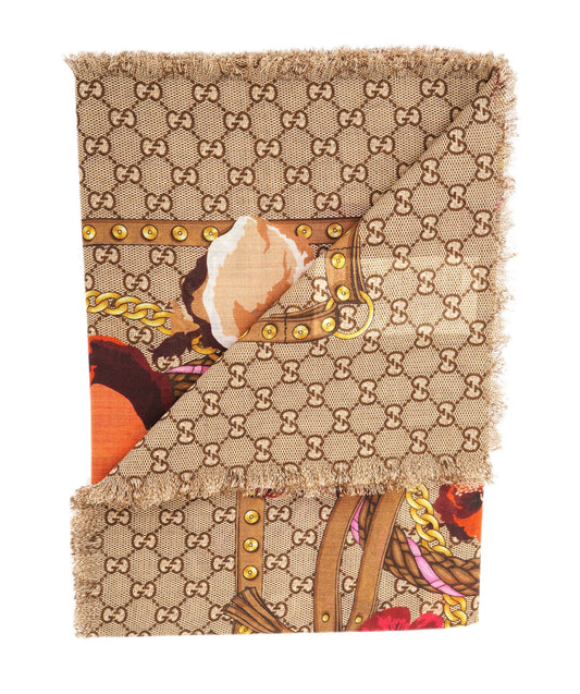Gucci Brown Floral GG Web Wool Scarf ABL0020