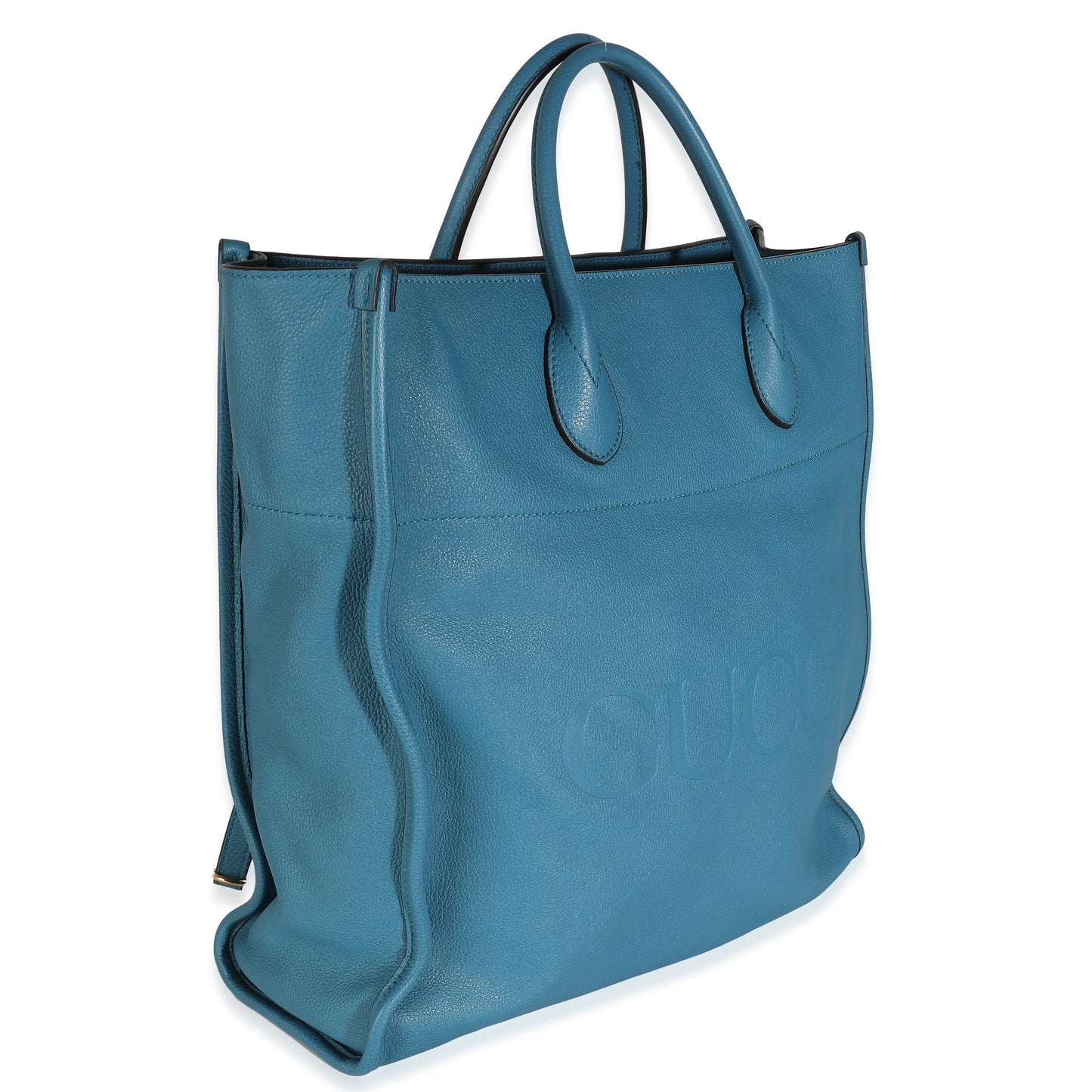 Gucci Blue Leather Logo Embossed Shopper Tote