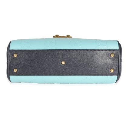 Gucci Blue Wonka Grain Calfskin GG Monogram Top Handle Bag