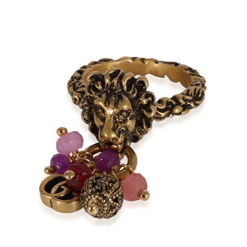 Gucci Brass Tone Lion Head & Beaded Charm Ring with Marmot GG