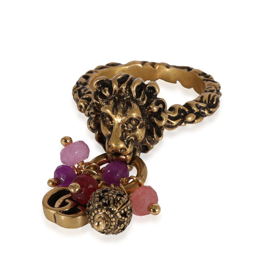 Gucci Brass Tone Lion Head & Beaded Charm Ring with Marmot GG