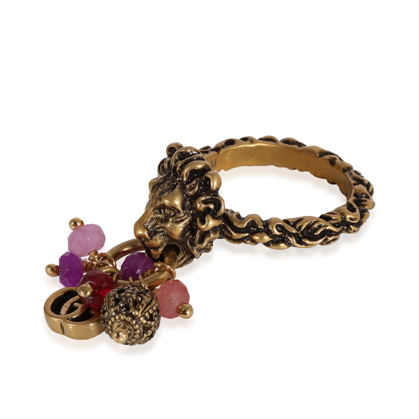 Gucci Brass Tone Lion Head & Beaded Charm Ring with Marmot GG