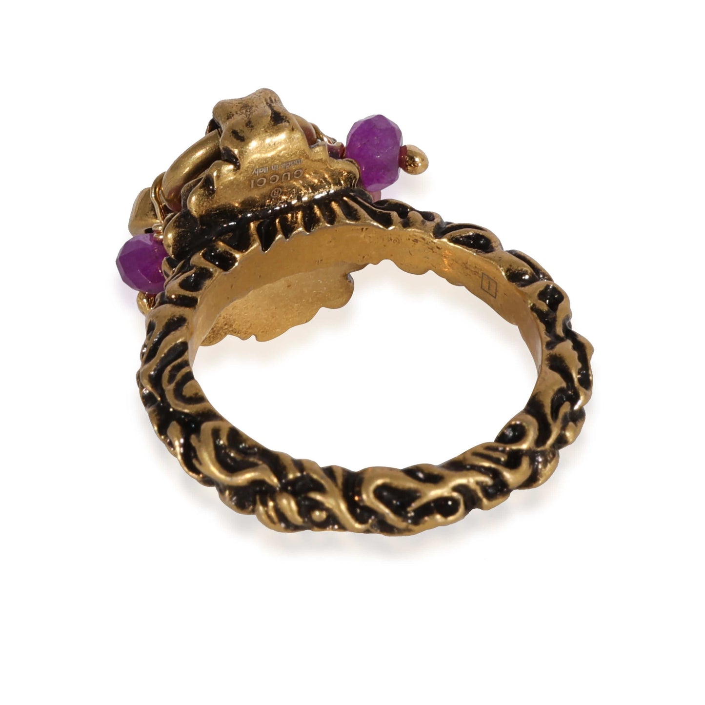 Gucci Brass Tone Lion Head & Beaded Charm Ring with Marmot GG