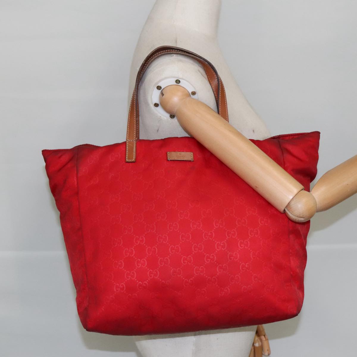 GUCCI GG Canvas Tote Bag Nylon Red Silver 282439  hk1724