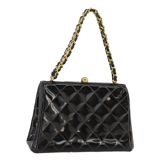 CHANEL Matelasse Chain Hand Bag Patent leather Black Gold CC hk1896