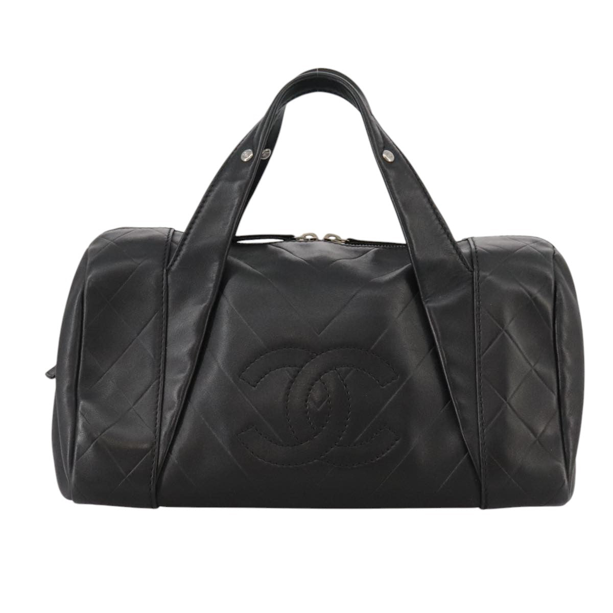 CHANEL V Stitch Hand Bag Leather Black Silver CC hk1897