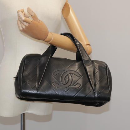 CHANEL V Stitch Hand Bag Leather Black Silver CC hk1897