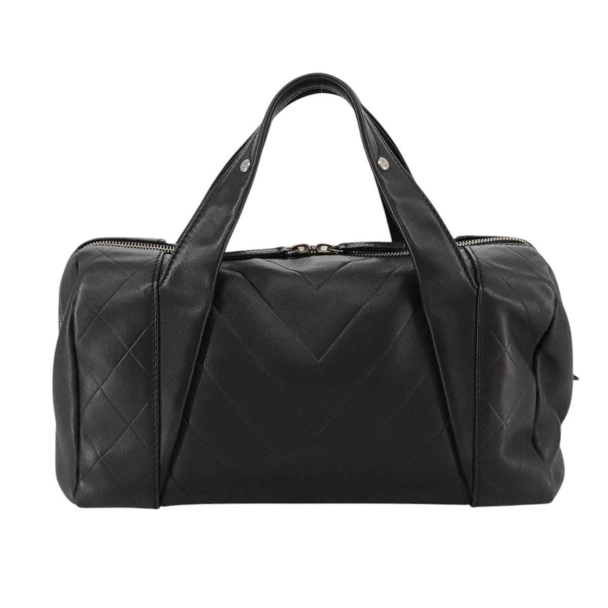 CHANEL V Stitch Hand Bag Leather Black Silver CC hk1897