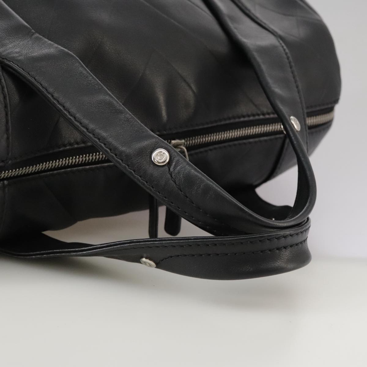 CHANEL V Stitch Hand Bag Leather Black Silver CC hk1897