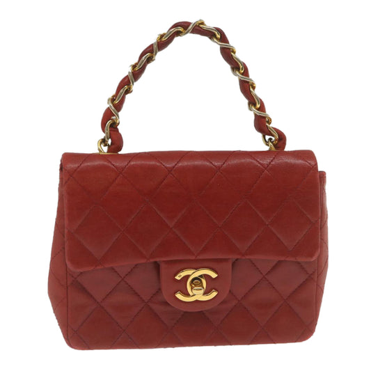CHANEL Mini Matelasse Chain Flap Hand Bag Lamb Skin  Red Gold CC hs688A