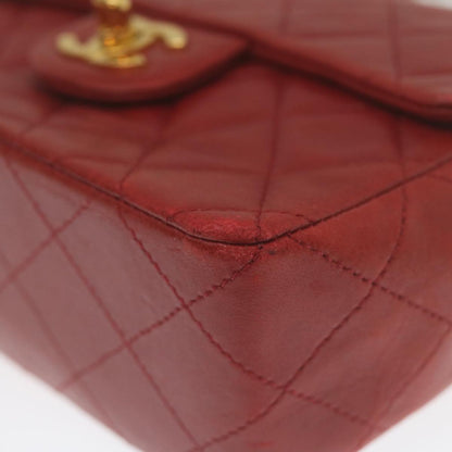 CHANEL Mini Matelasse Chain Flap Hand Bag Lamb Skin  Red Gold CC hs688A