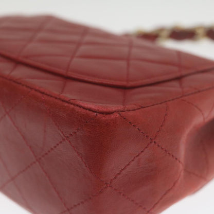 CHANEL Mini Matelasse Chain Flap Hand Bag Lamb Skin  Red Gold CC hs688A