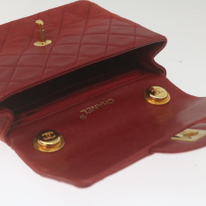 CHANEL Mini Matelasse Chain Flap Hand Bag Lamb Skin  Red Gold CC hs688A