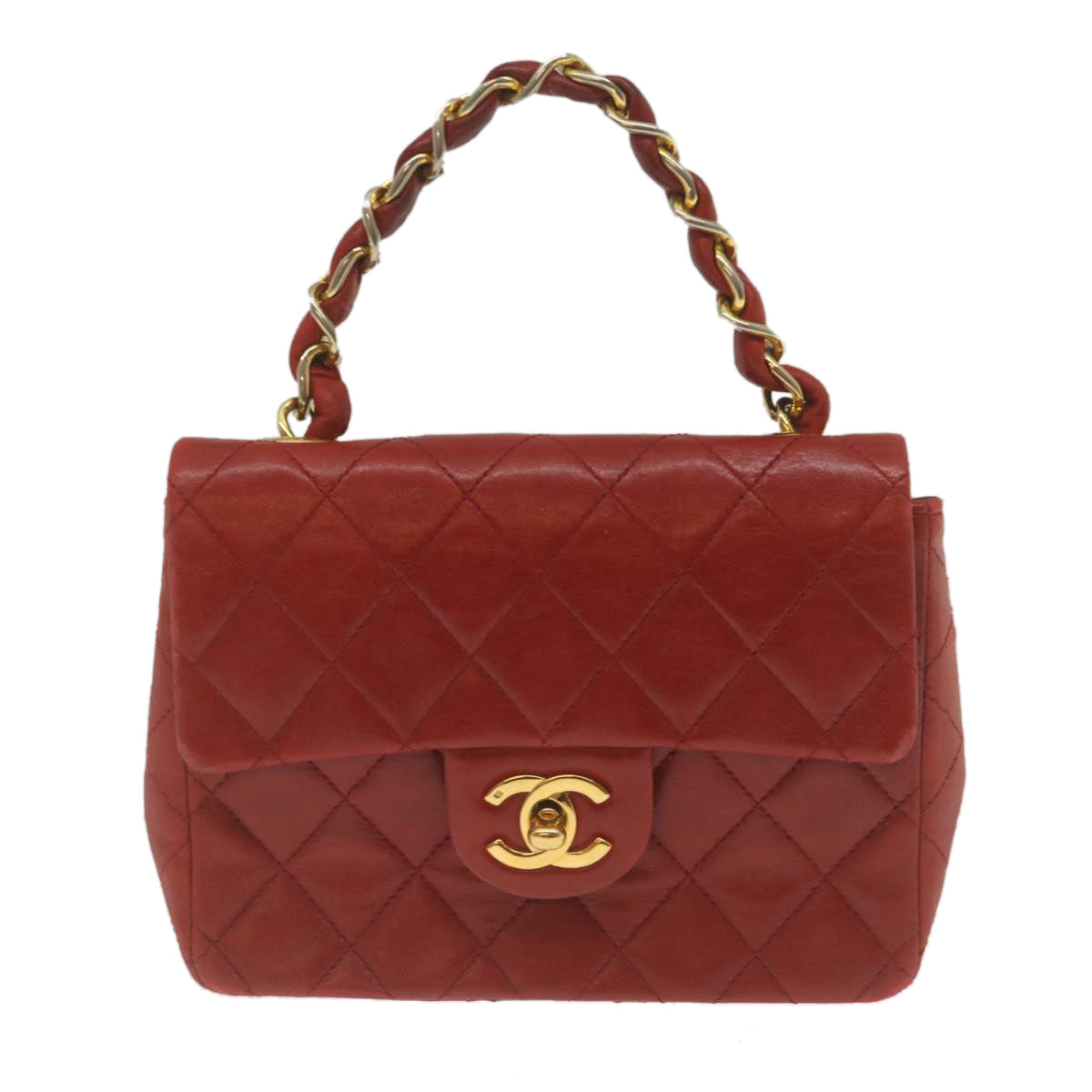 CHANEL Mini Matelasse Chain Flap Hand Bag Lamb Skin  Red Gold CC hs688A
