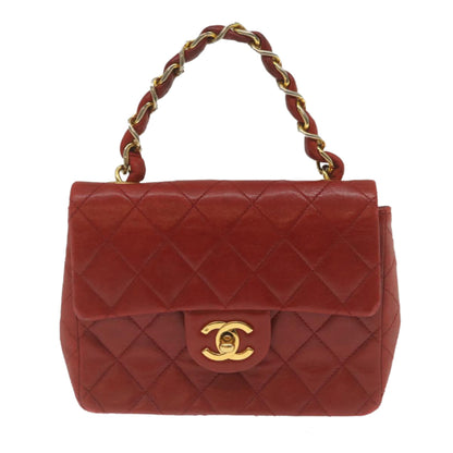 CHANEL Mini Matelasse Chain Flap Hand Bag Lamb Skin  Red Gold CC hs688A