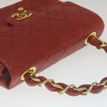 CHANEL Mini Matelasse Chain Flap Hand Bag Lamb Skin  Red Gold CC hs688A