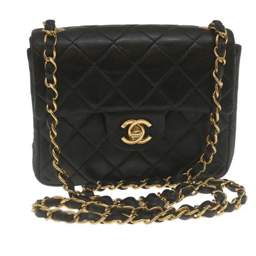 CHANEL Mini Matelasse Chain Flap Shoulder Bag Lamb Skin Black Gold hs689A